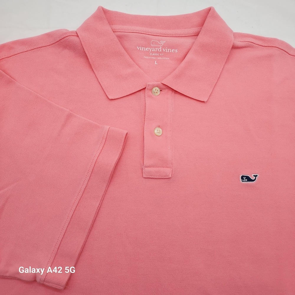 Vineyard Vines Mens Classic Fit Polo Shirt Coral Pink Cotton Whale Logo Large